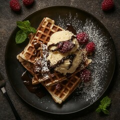 Deliciosas waffles con helado, frambuesas y chocolate, decoradas con hojas de menta en un plato oscuro.