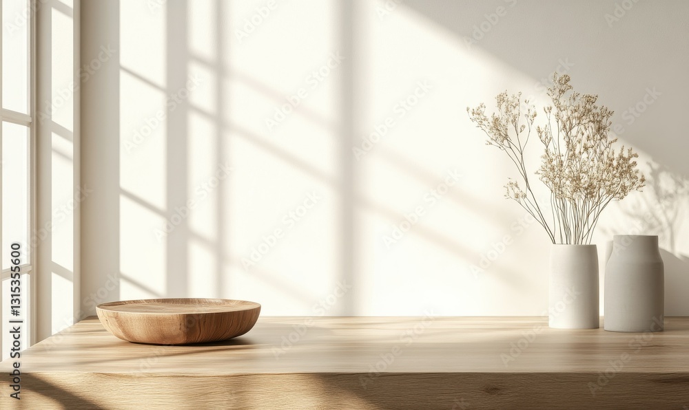 Poster minimalist wooden table setup glowing softly with natural light, featuring clean lines and subtle de