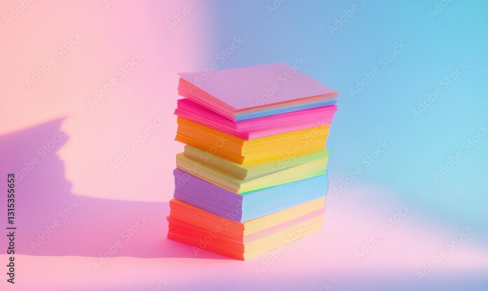 Poster playful stack of colorful sticky notes arranged neatly against a pastel background illuminated by di