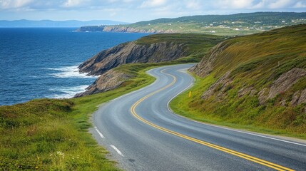Coastal highway winding along cliffs by the ocean with dramatic waves. Scenic view of a sunny coastline under a partly cloudy sky, perfect for road trips and exploration. Generative AI