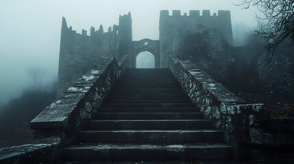 Obraz premium Mysterious Stone Steps Leading to a Fog-Shrouded Castle