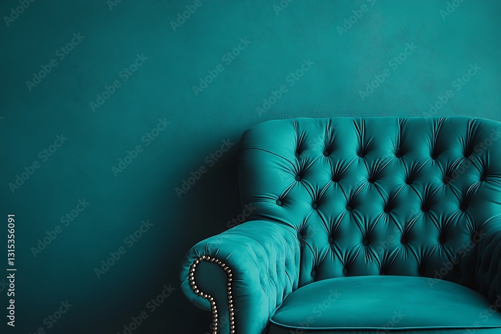 Poster modern and comfortable armchair placed on a teal backdrop with space on the left side for text.
