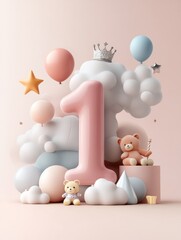 Decorative arrangement for a child's first birthday celebration with playful elements
