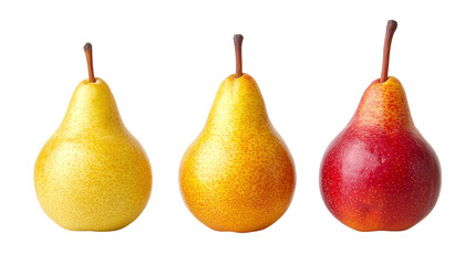 Group of three yellow and red ripe pears isolated, showcasing fresh, organic fruit, ideal for promoting healthy, nutritious snacks.