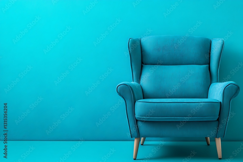 Poster modern and comfortable armchair placed on a teal backdrop with space on the left side for text.