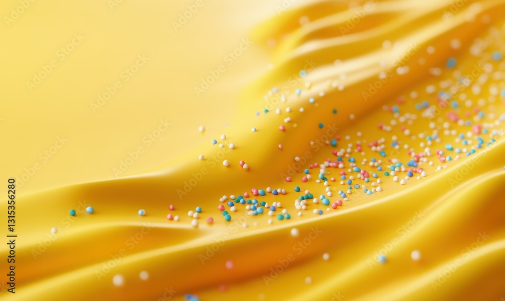 Poster close-up of colorful sprinkles scattered on a smooth yellow surface, illuminated by natural light cr