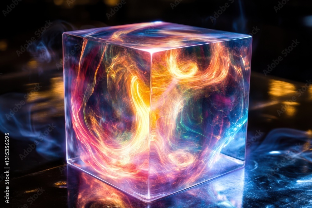 Poster colorful swirling lights inside a glass cube creating a captivating visual display