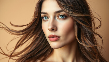 Fototapeta premium A striking portrait of a young woman with flowing brunette hair, vibrant blue eyes, and a neutral background, emphasizing beauty, confidence, and a natural aesthetic. Perfect for lifestyle and fashion