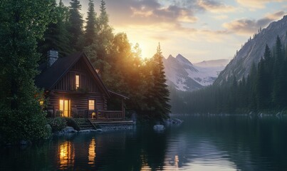Fototapeta premium Cozy cabin at the edge of a tranquil lake, surrounded by dense green trees and illuminated by the warm glow of a sunset .