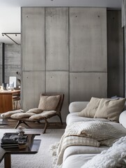 A contemporary minimalist interior displays concrete wall elements in a room