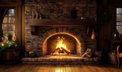 Cozy fireplace with a crackling fire, surrounded by rustic wooden decor, warm light filling the space with comfort