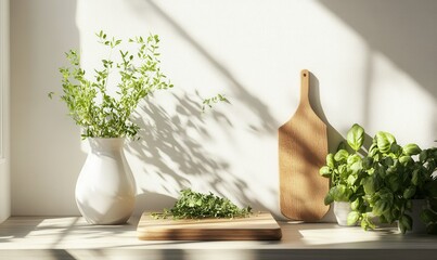 Cozy kitchen corner with a white ceramic vase, wooden chopping board, and scattered fresh herbs, illuminated by natural light