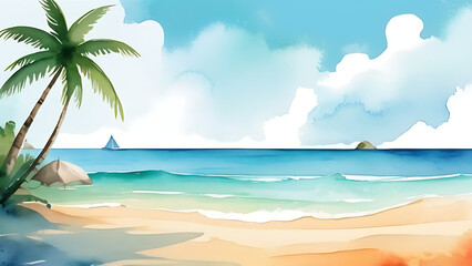 Obraz premium Watercolor Tropical Beach Landscape with Palm Trees and Ocean View