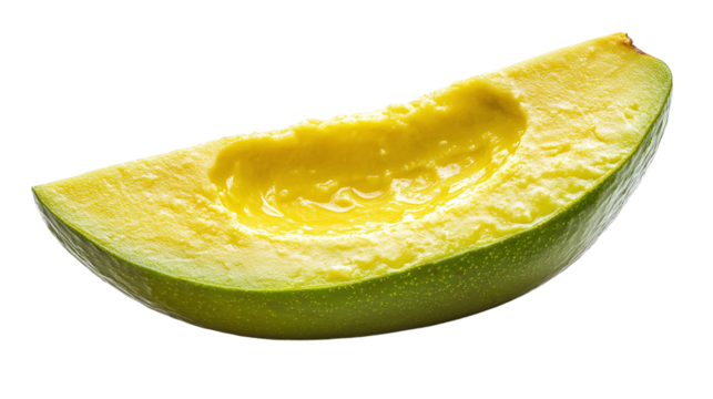 Isolated half of a raw avocado slice, showcasing a fresh and ripe tropical fruit, ideal for promoting healthy diets, vegetarian food, and exotic culinary content.
