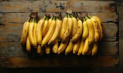 Ripe yellow bananas neatly arranged on a wooden table, softly illuminated to emphasize their fresh textures and natural appeal