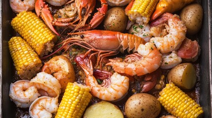 Close-up of a seafood boil with crawfish, shrimp, corn, and potatoes in a tray. Freshly cooked ingredients with vibrant colors and textures, ready to be served. Generative AI