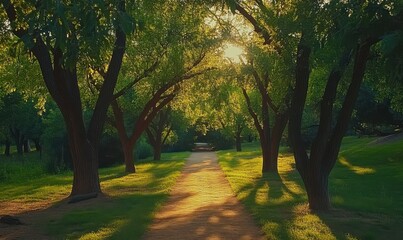 Obraz premium Peaceful wooded path lined with vibrant green trees glowing under golden morning sunlight, creating a serene natural escape