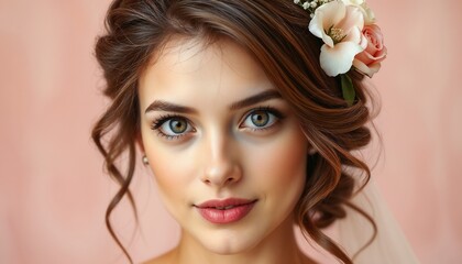 Naklejka premium A portrait of a young bride with an intricate floral hairpiece, set against a blurred pastel backdrop. The image captures her elegance, warm expression, and delicate hairstyle.