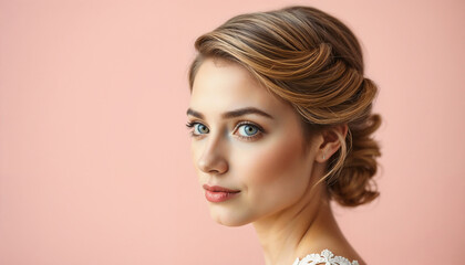 Fototapeta premium A serene portrayal of a beautiful young woman with an elegant hairstyle, gazing confidently at the camera, set against a soft pink backdrop, reflecting sophistication and poise.