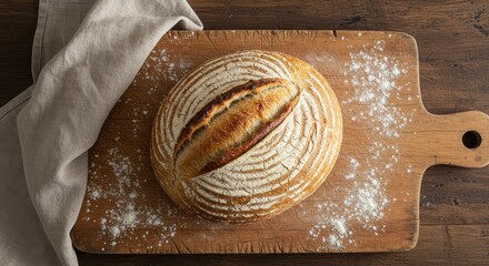 Fresh Sourdough Loaf on Wooden Board with Linen Cloth Display