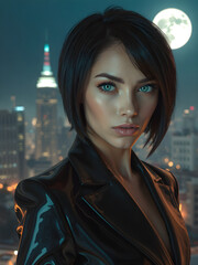 Obraz premium Mujer con energía poderosa en una ciudad nocturna iluminada por luces futuristas y una luna radiante