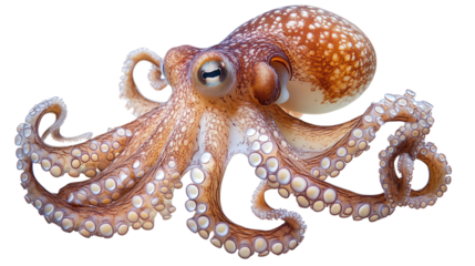 Octopus isolated, capturing a marine underwater creature with tentacles, perfect for ocean wildlife, aquarium-themed designs, and aquatic exploration.