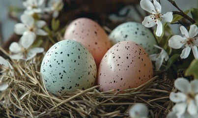 Rustic Easter composition with pastel-colored speckled eggs resting in a nest of straw, delicate blossoms scattered around, evoking spring freshness,