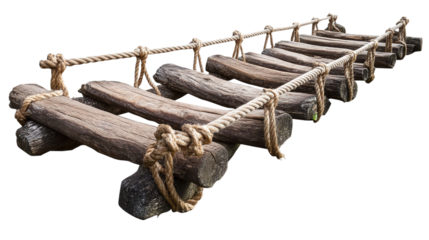 Old rope bridge isolated, with wooden planks and suspension ropes, showcasing adventure and nature exploration in a forest setting, perfect for travel and outdoor themes.