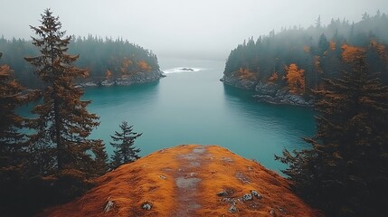 A foggy coastal forest with tall pines, moss-covered ground, and a dramatic view of waves crashing on nearby cliffs.