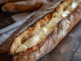 Fresh Baguette with Creamy Brie on Rustic Table