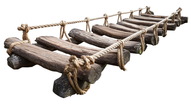 Fototapeta Old rope bridge isolated, with wooden planks and suspension ropes, showcasing adventure and nature exploration in a forest setting, perfect for travel and outdoor themes.