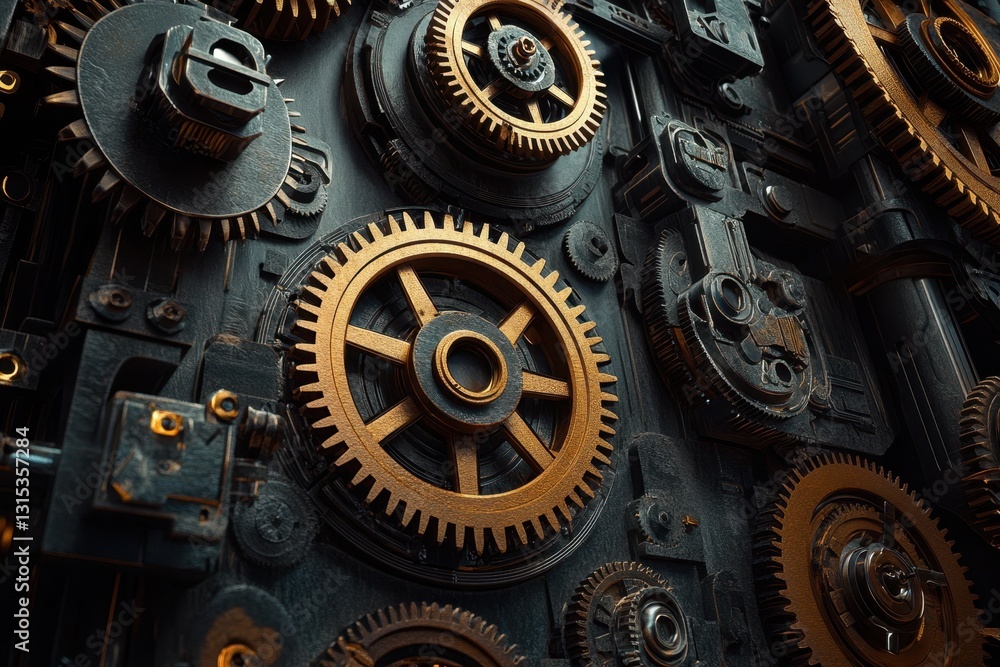 Poster intricate arrangement of gears and mechanical components on a dark background