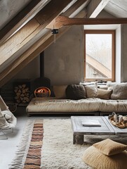 A cozy living room showcases rustic wood and warm details