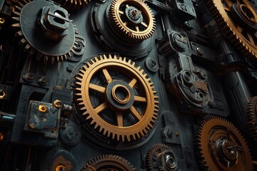 Intricate arrangement of gears and mechanical components on a dark background