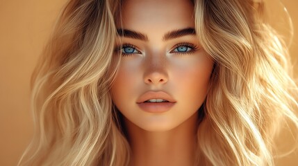 Naklejka premium A beautiful woman with blue eyes and long blonde wavy hair