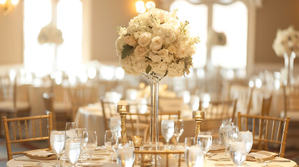A wedding reception table adorned with elegant gold and white decorations