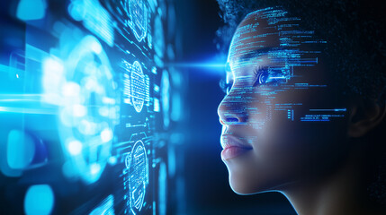 Empowered Female Programmer Using AI Technology in a Modern Workspace