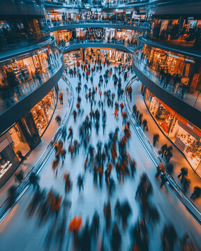 Busy shopping mall filled with people during evening hours