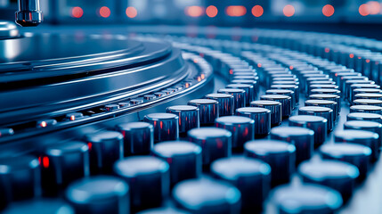 A close up of a turntable with a record player in the background