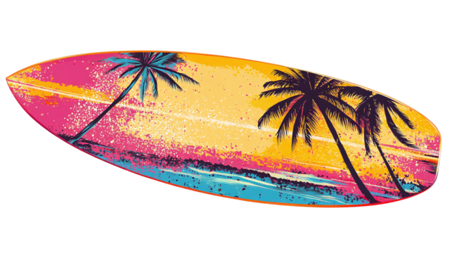 Vibrant surfboard with palm tree pattern isolated, perfect for summer, ocean sports, and beach holiday vacation-themed visuals.