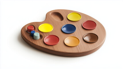 A wooden art palette with paints is isolated on a white background, showcasing vibrant colors.
