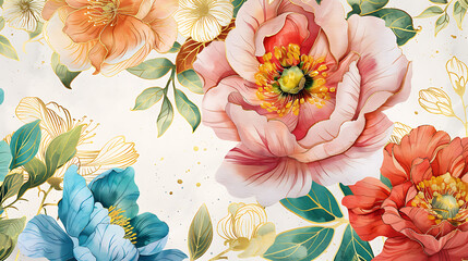 A wedding invitation with watercolor floral illustrations and gold foil accents