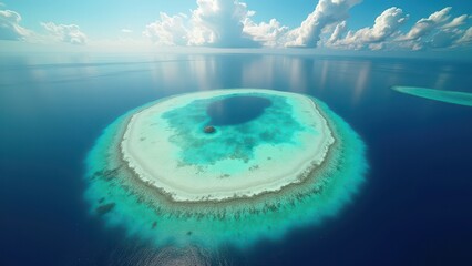Aerial view of a tropical atoll with coral reef and turquoise lagoon waters	