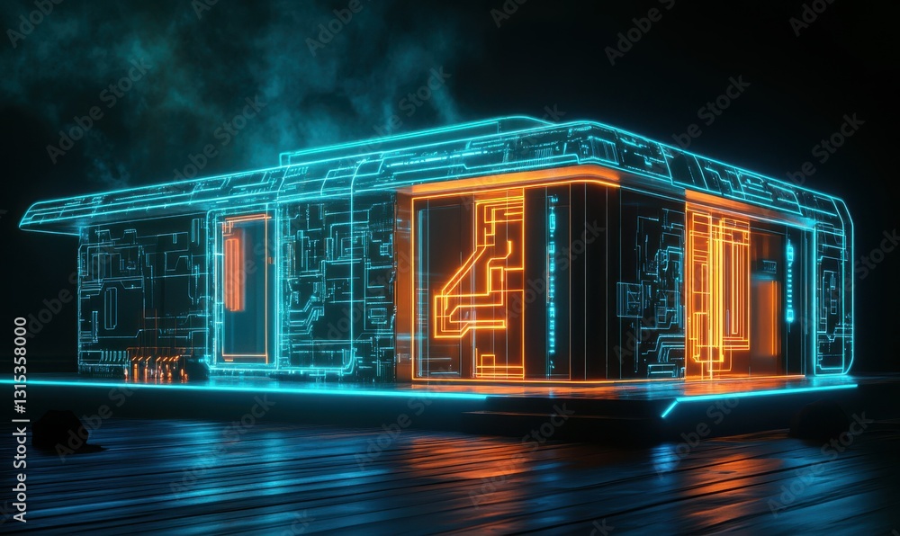 Poster futuristic glowing house with circuit-like patterns against a sleek dark background, symbolizing sma