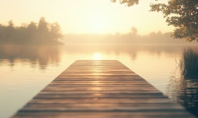 Fototapeta premium Peaceful lakeside view with a wooden pier extending into calm water, golden sunlight creating a tranquil ambiance.