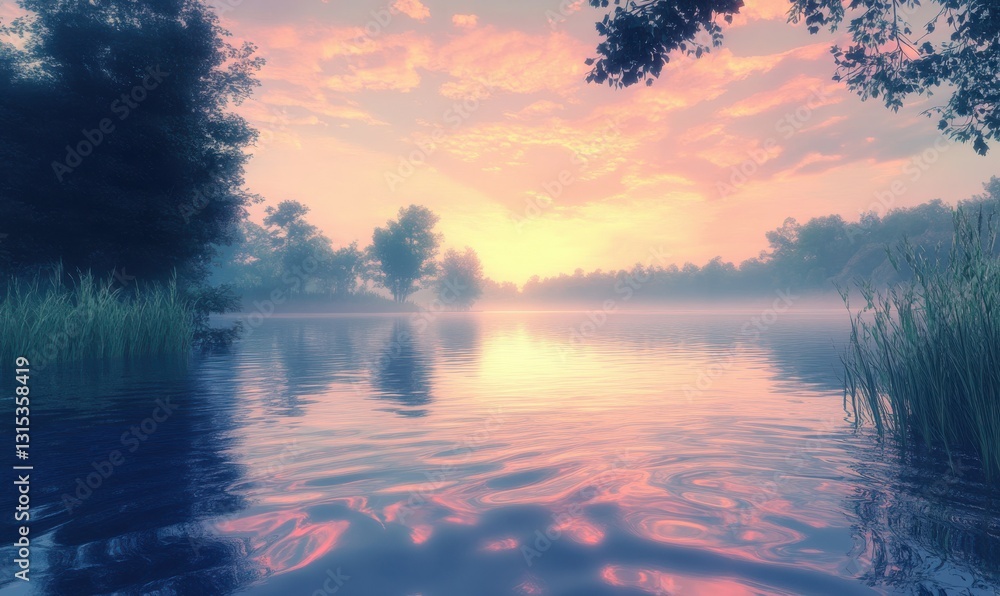 Poster scenic river view with soft twilight colors reflecting on the water, gentle ripples creating a calmi