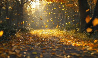 Scenic autumn view of vibrant golden leaves scattered across a quiet forest trail illuminated by soft golden sunlight creating a warm seasonal vibe