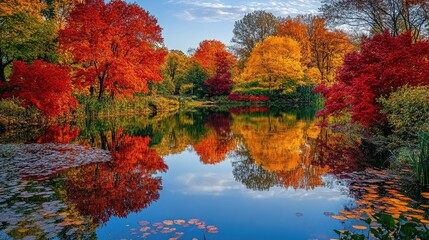 Fototapeta premium Vibrant red and yellow autumn trees reflected in a calm lake surrounded by golden reeds. Serene fall landscape in a wooded area with rich seasonal colors. Nature and tranquility concept. Generative AI