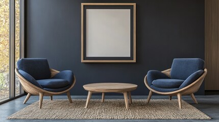 Cozy room chairs, table, frame on wall, rug, with window view