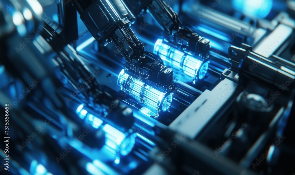 Poster dynamic close-up of robotic arms working on an assembly line, illuminated by glowing blue and white 